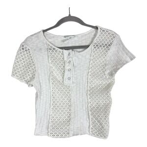 Fitz + Eddi Shirt Womens Small White Crochet Henley Scoop Neck Cropped Knit